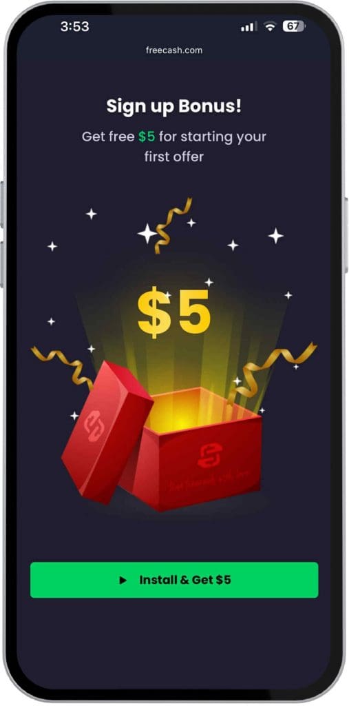 شاشة تسجيل تطبيق Freecash تعرض مكافأة 5 دولارات مقابل بدء عرضك الأول