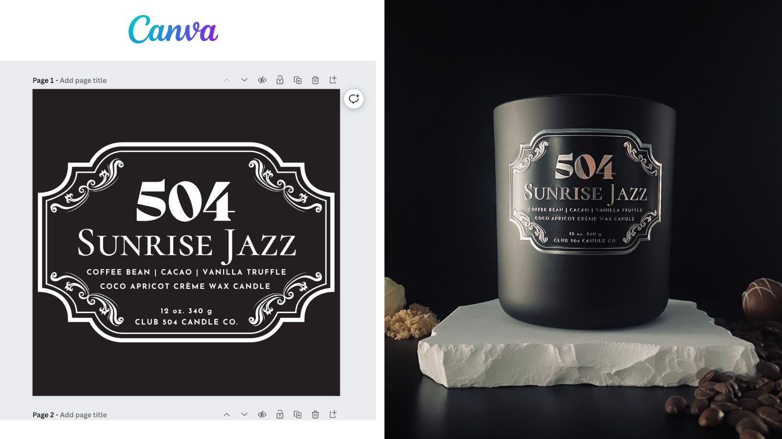 صورة مقسمة تُظهر ملصق شمعة صُنع في Canva على اليسار والملصق المعدني الفعلي على اليمين.