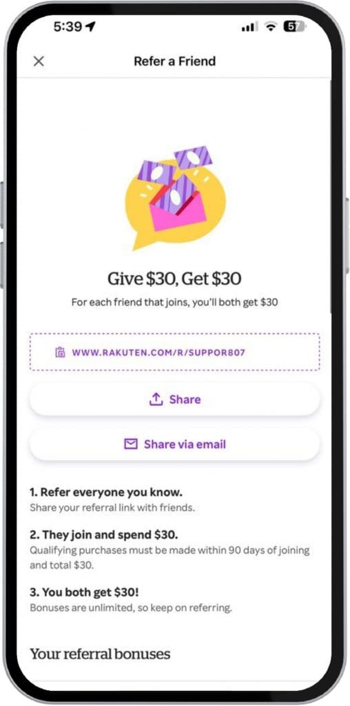 شاشة تطبيق Rakuten تعرض مكافأة تسجيل بقيمة 30 دولارًا بعد إنفاق 30 دولارًا عبر المنصة