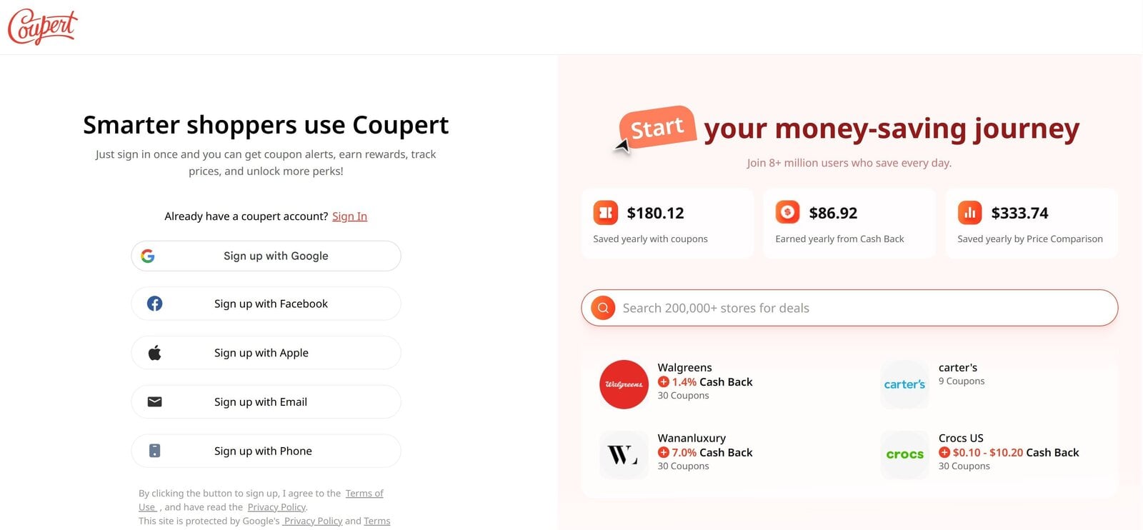 La pantalla de registro de Coupert muestra las opciones para crear una cuenta y una descripción general de las funciones de los cupones, el reembolso y la comparación de precios.