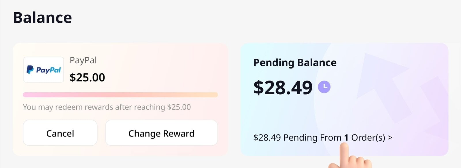 La pantalla de saldo de la cuenta de Coupert muestra un límite de pago de PayPal de 25 dólares y 28.49 dólares en reembolsos pendientes de pedidos recientes.