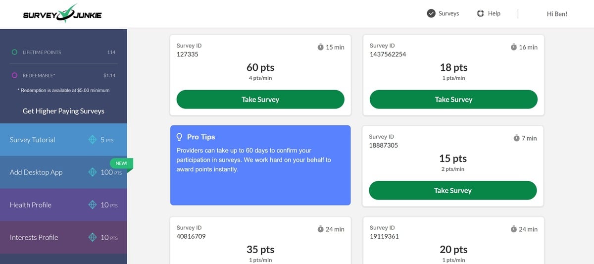 La dashboard di Survey Junkie mostra i sondaggi disponibili, il punteggio e i tempi stimati. Gli utenti hanno a disposizione 114 punti totali e 1.14 dollari di guadagno, con un pagamento minimo di 5 dollari.