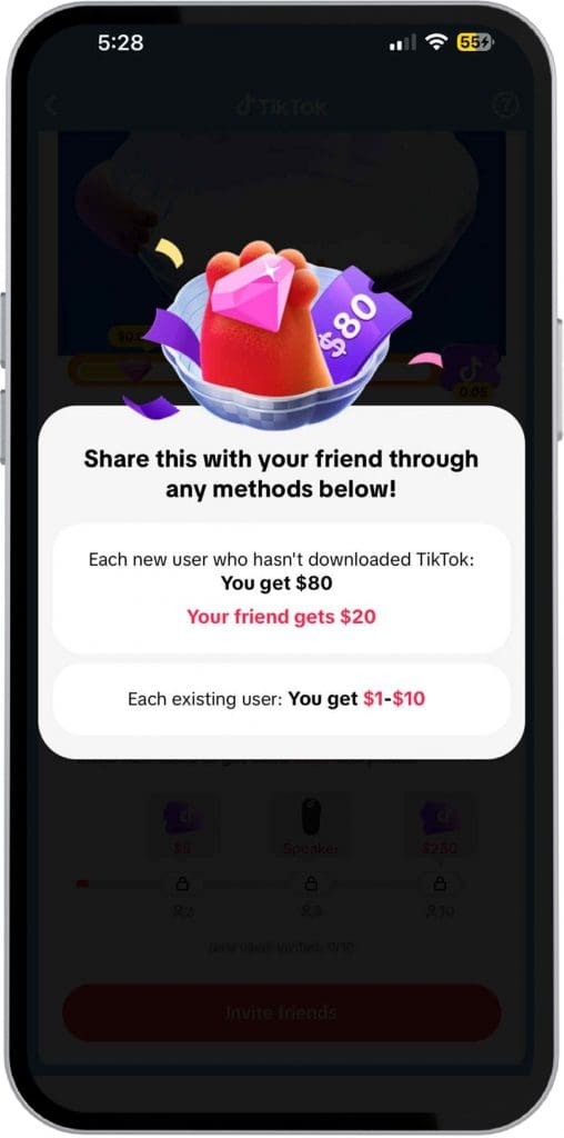 شاشة مكافأة التسجيل في TikTok تُظهر حصول المستخدمين الجدد على 20 دولارًا لإنفاقها في TikTok Shop عند الانضمام عبر رابط إحالة — عرض لفترة محدودة مرتبط بمكافآت تثبيت تطبيق TikTok.