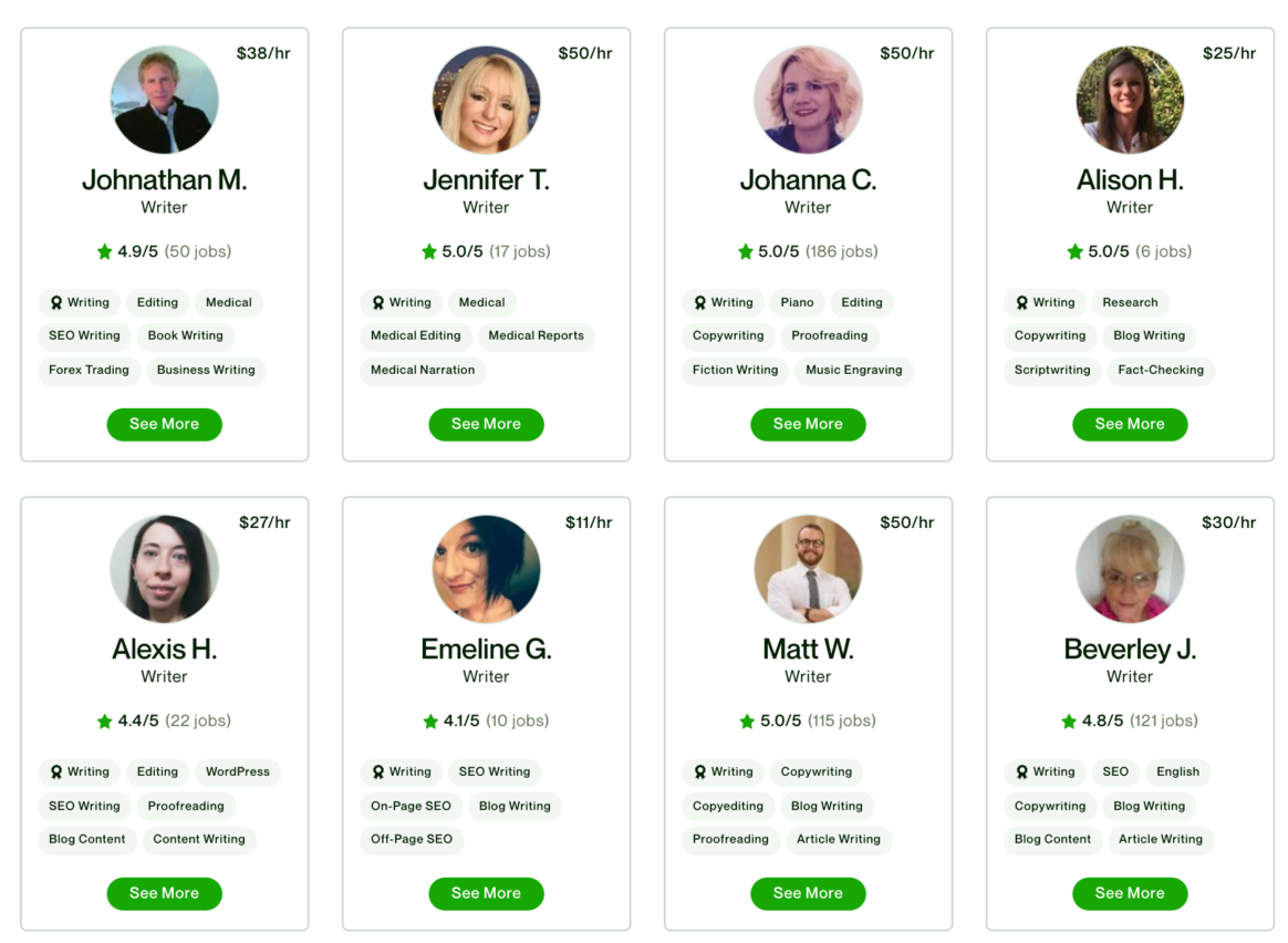 لقطة شاشة من Upwork تعرض أسعار الكتابة المستقلة.