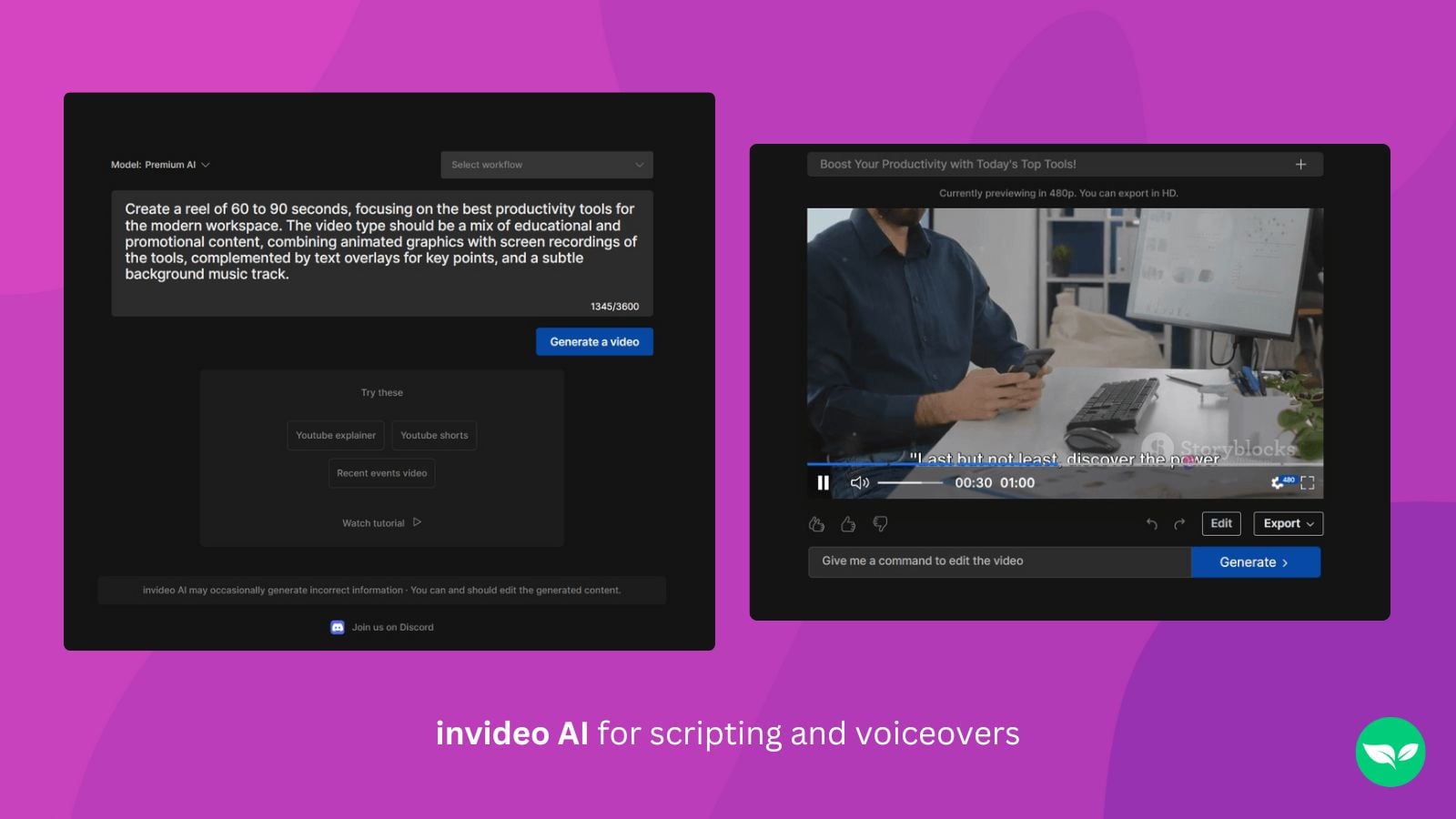 لقطة شاشة تُظهر استخدام invideo AI لإنشاء فيديو على YouTube