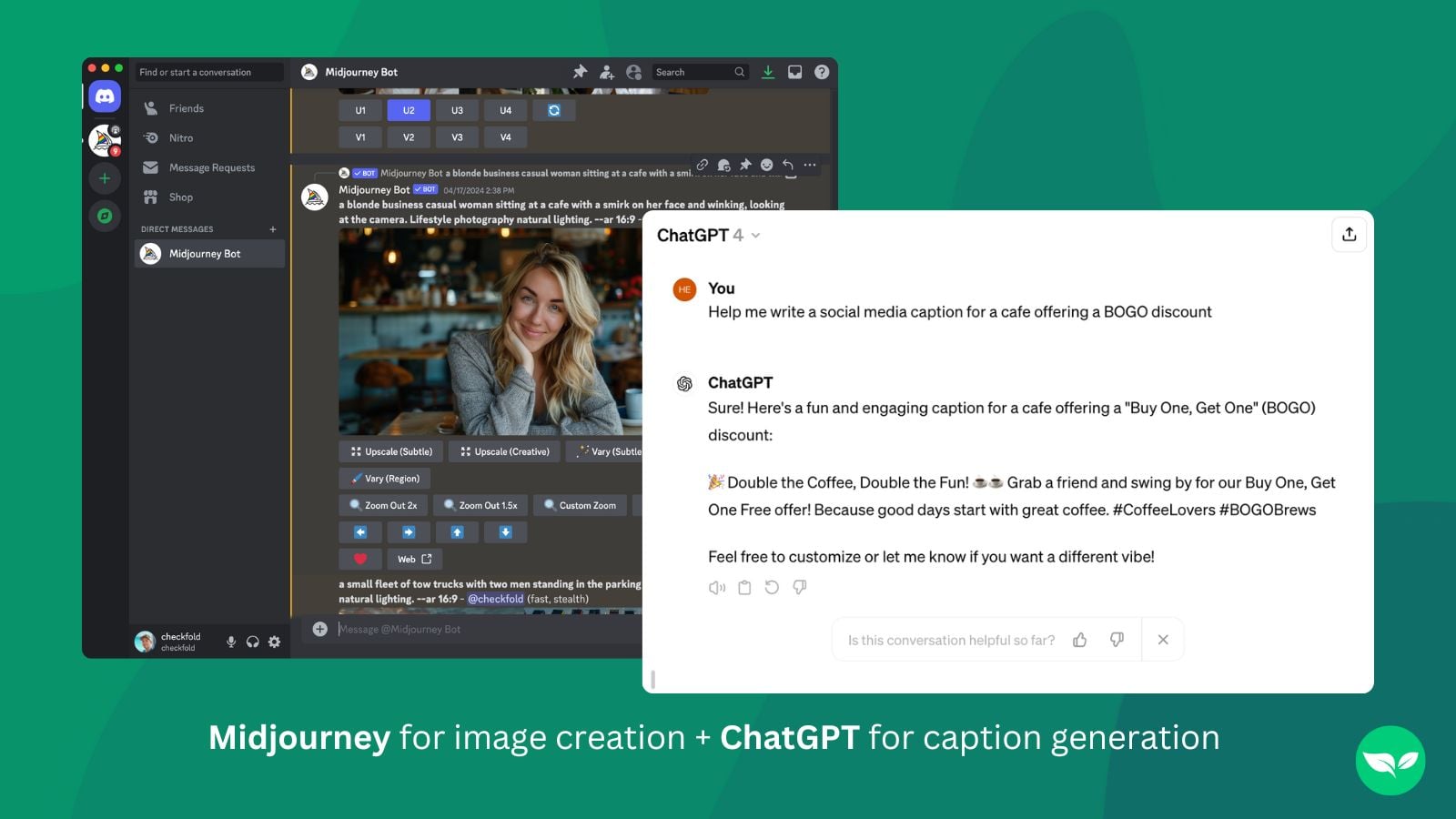 لقطتا شاشة، إحداهما تعرض Midjourney والأخرى تعرض ChatGPT