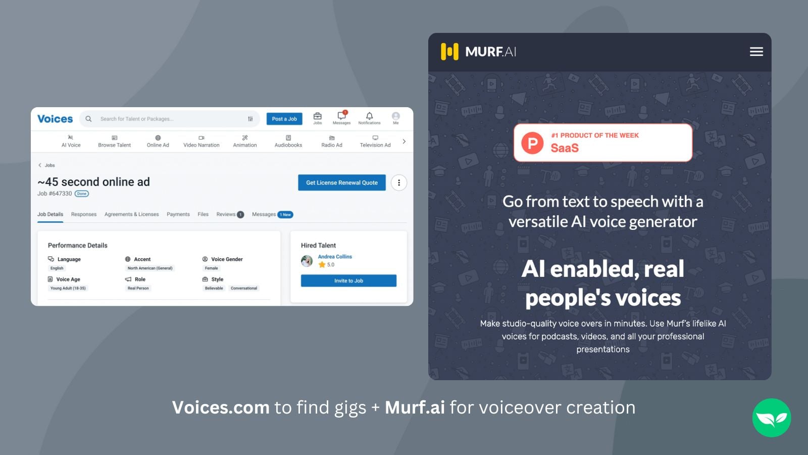 رسم بياني يوضح قائمة على موقع voices.com ولقطة شاشة من murf.ai لإنشاء تعليق صوتي بالذكاء الاصطناعي.