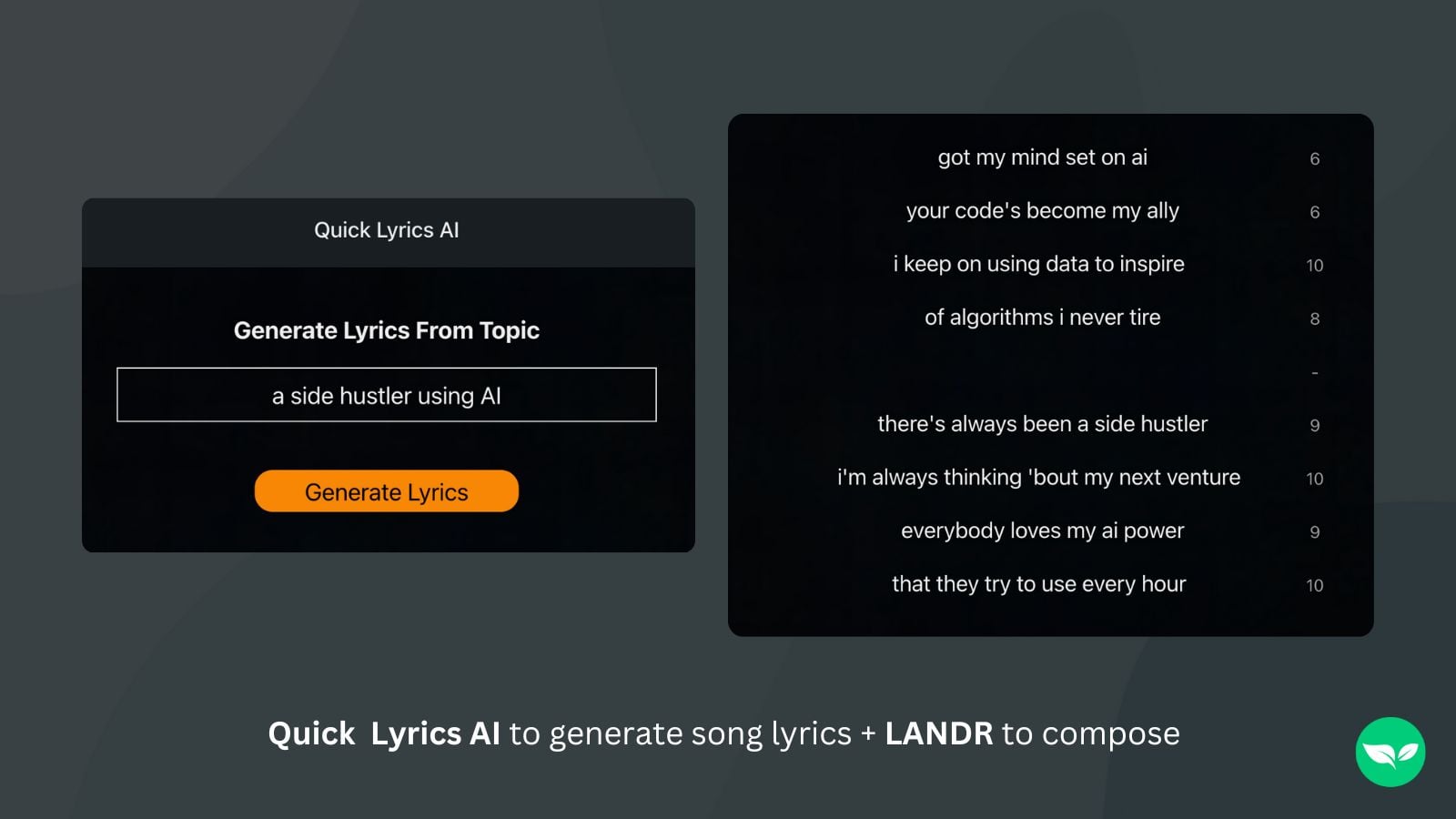لقطة شاشة تظهر استخدام Quick Lyrics AI لإنشاء كلمات أغاني.
