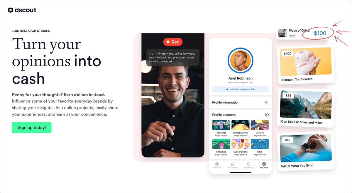 الصفحة الرئيسية لتطبيق dscout