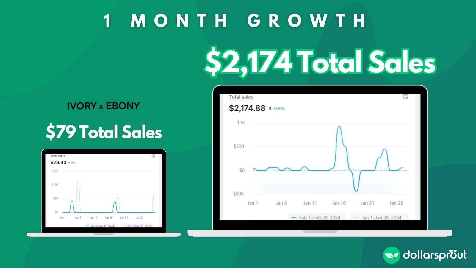 رسم بياني يوضح بيانات مبيعات Shopify بإيرادات 79 دولارًا في يناير 2024 و 2,137 دولارًا في فبراير 2024.