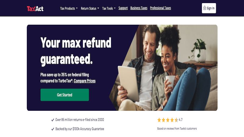 الصفحة الرئيسية لـ TaxAct