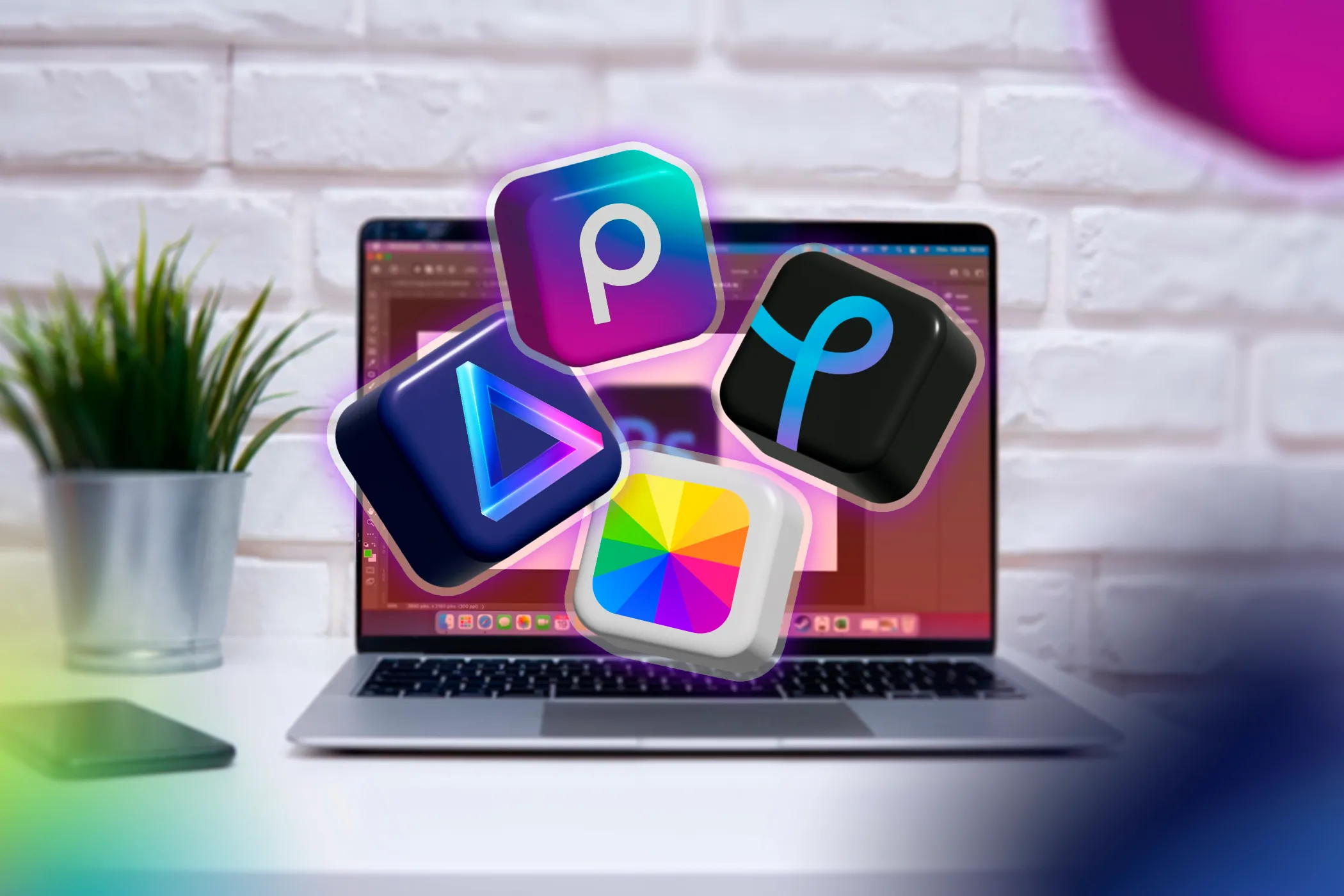 كمبيوتر محمول مفتوح عليه Photoshop والعديد من التطبيقات البديلة تخرج من الشاشة