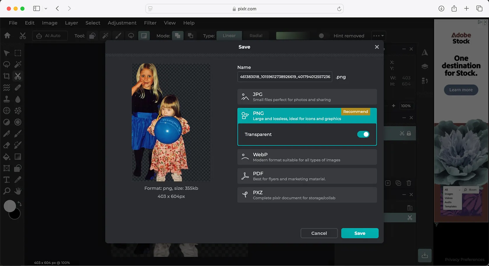 Pixlr Image Save Filetypes