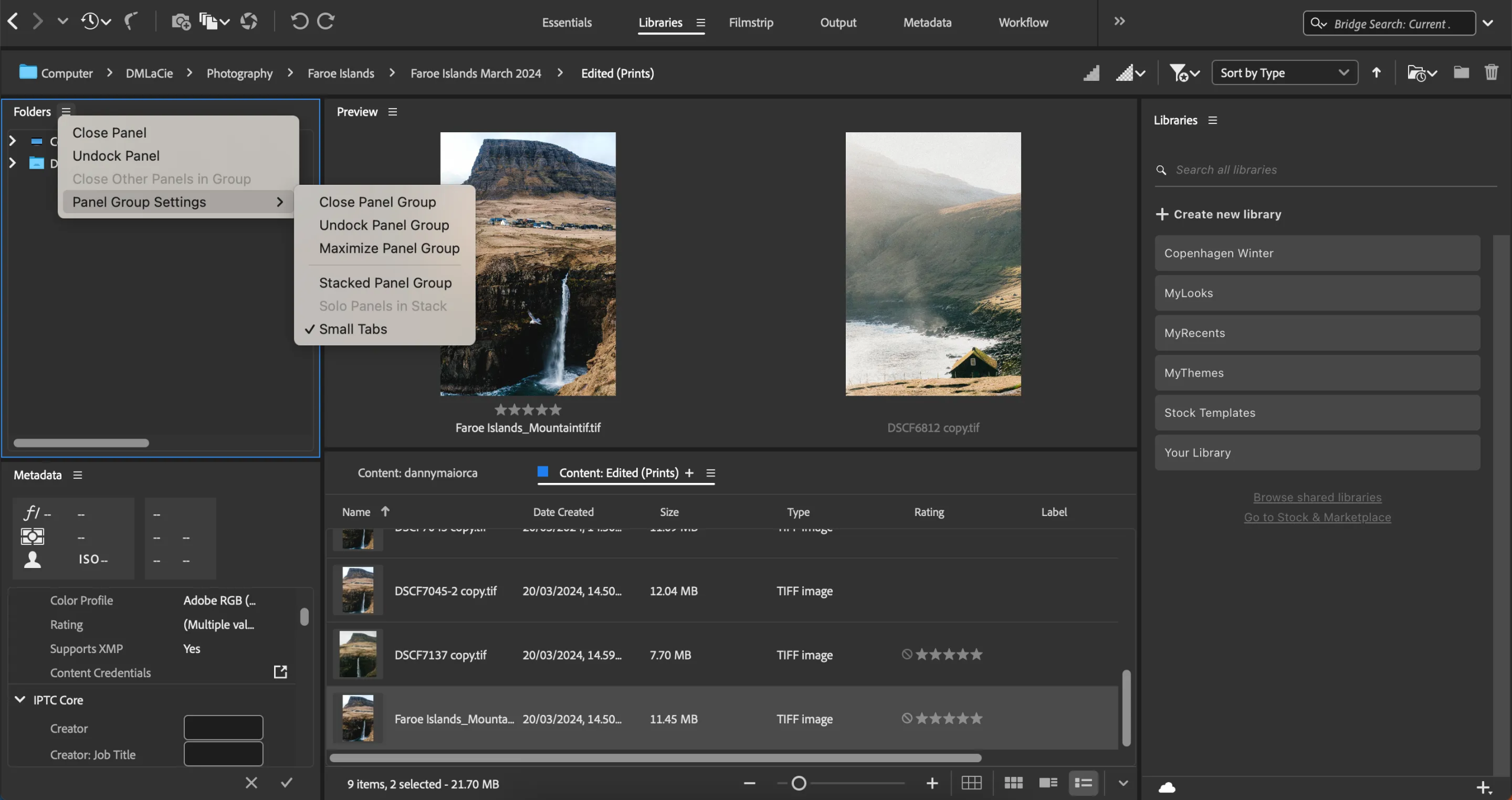 إعدادات تحرير اللوحات في Adobe Bridge