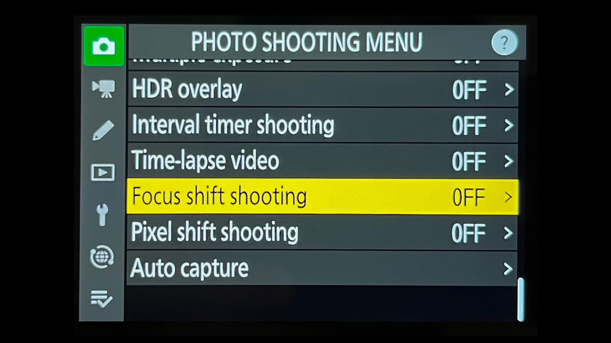 شاشة قائمة التصوير الفوتوغرافي (Photo Shooting Menu) في كاميرا نيكون