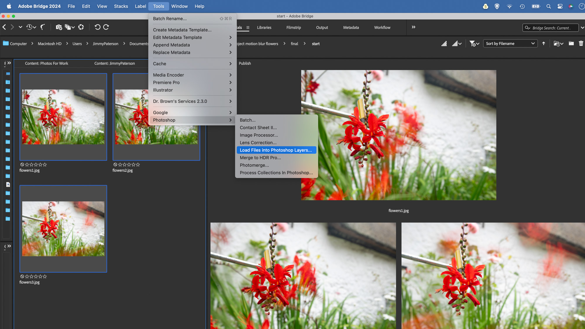 جميع صور الزهور محددة في Adobe Bridge وقد انتقل المصور إلى Tools > Photoshop > Load files into Photoshop Layers