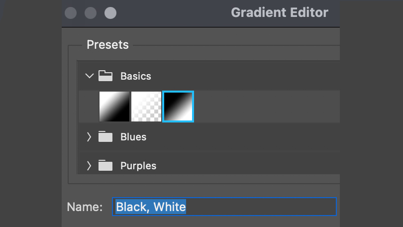 واجهة تحرير Adobe Photoshop، تعرض محرر التدرج (Gradient Editor) والإعدادات المسبقة (Presets)