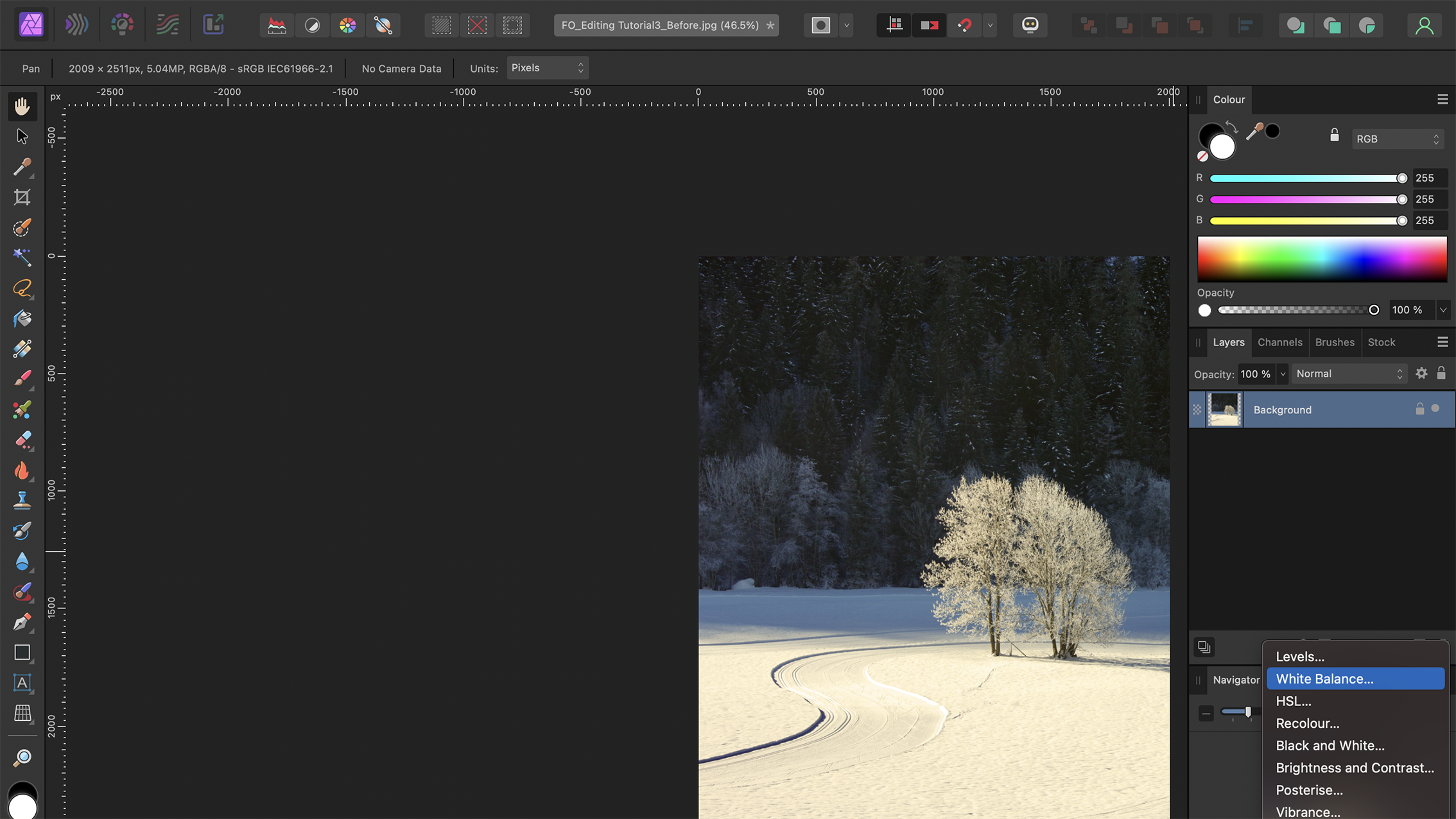 واجهة التعديل في Affinity Photo