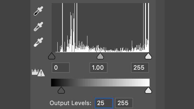 واجهة تحرير Adobe Photoshop، تعرض إعدادات Output Levels