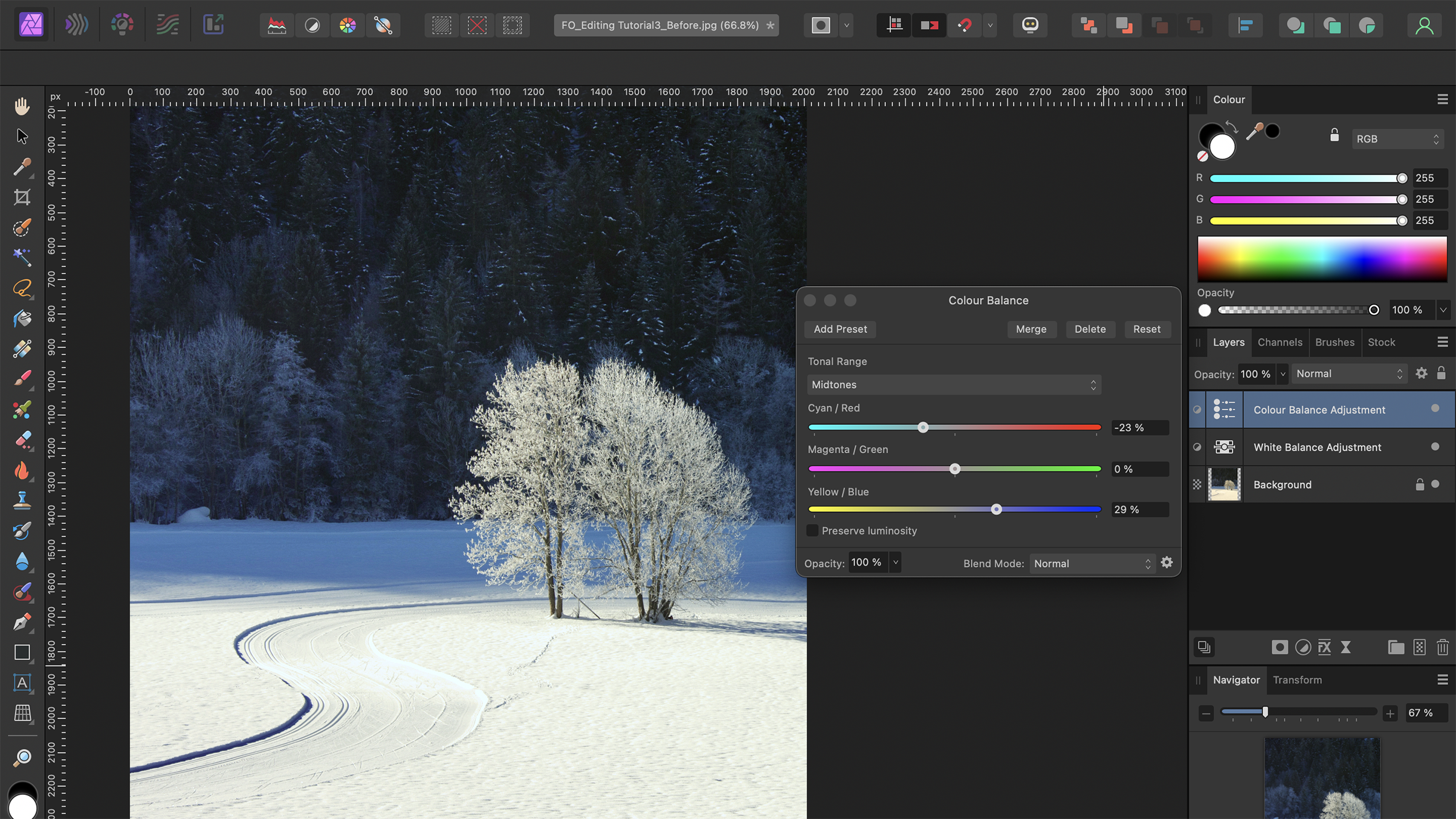 واجهة التعديل في Affinity Photo