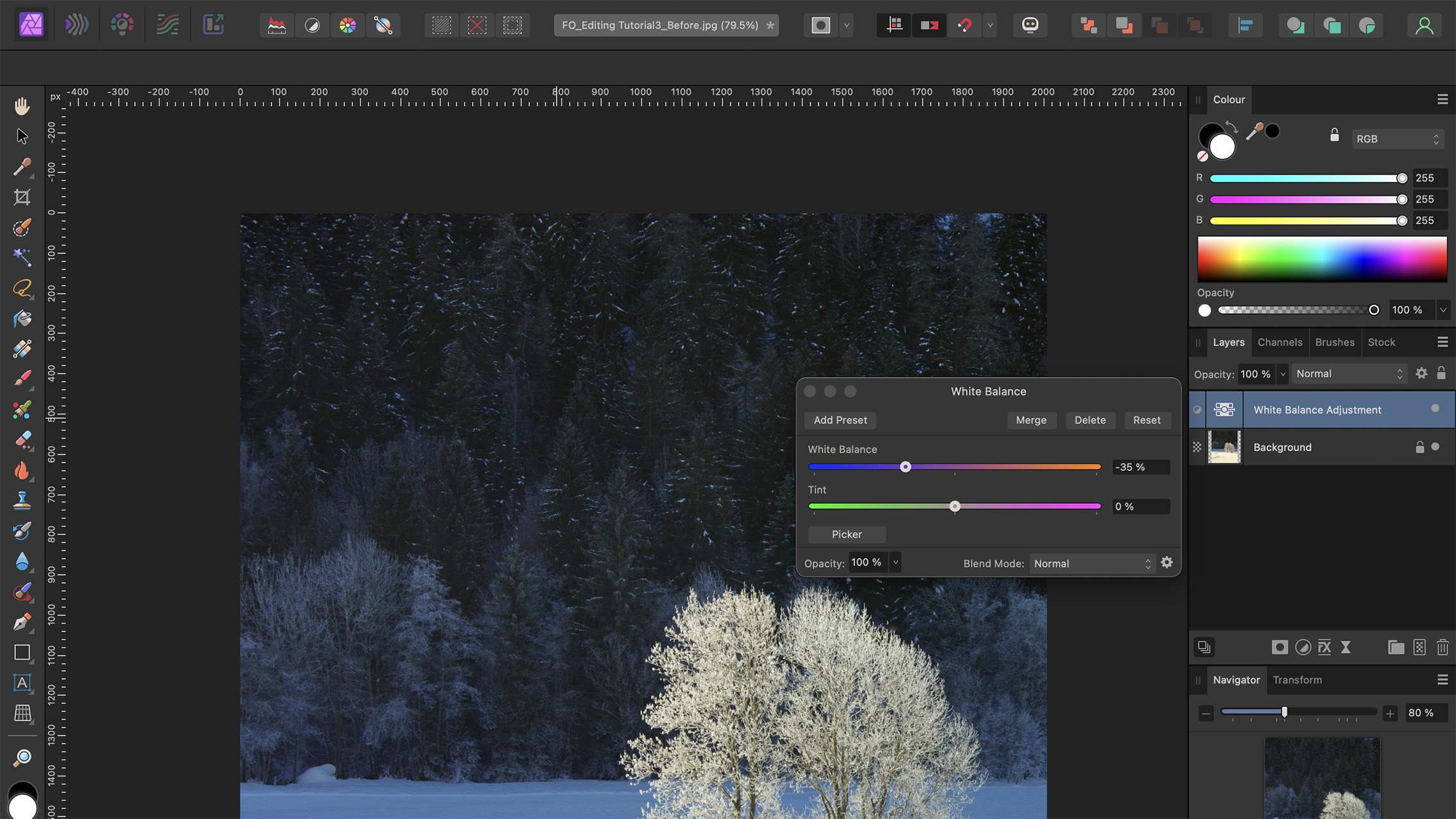 واجهة التعديل في Affinity Photo