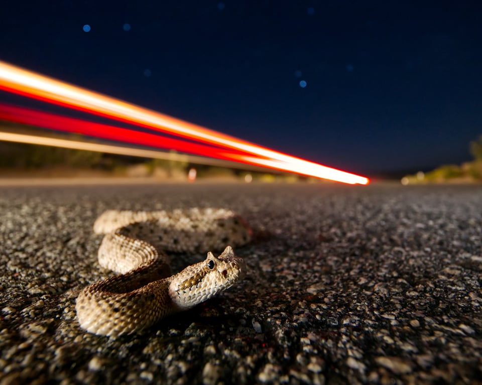 تصوير بزاوية واسعة بتركيز قريب باستخدام عدسة Olympus 8-25mm f4 Pro وأفعى مقرنة في إضاءة خافتة.