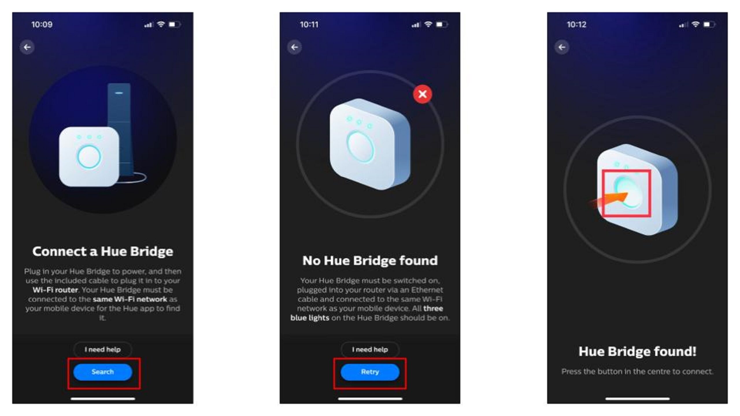 لقطات شاشة لربط جسر Philips Hue بالتطبيق