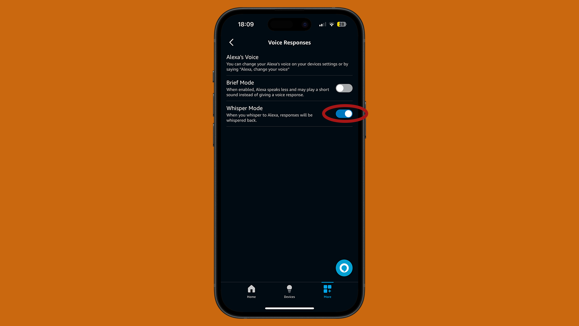 خطوات تشغيل وضع الهمس (Whisper Mode) في Alexa، معروضة على iPhone