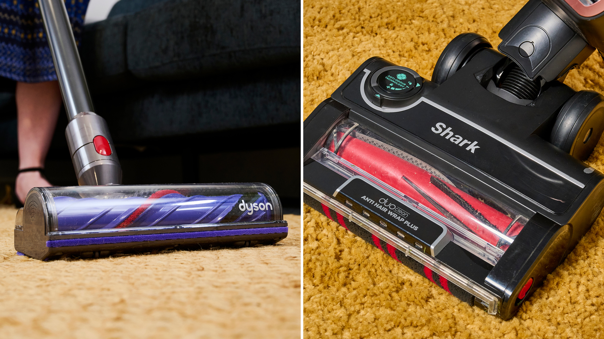 رأس مكنسة Dyson لاسلكية عمودية، بجانب رأس مكنسة Shark