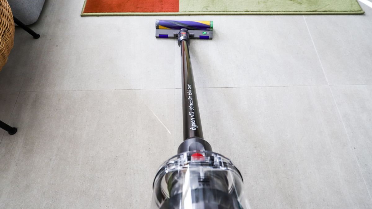 Das Dyson V12 Detect Slim Logo befindet sich auf dem Rohr.