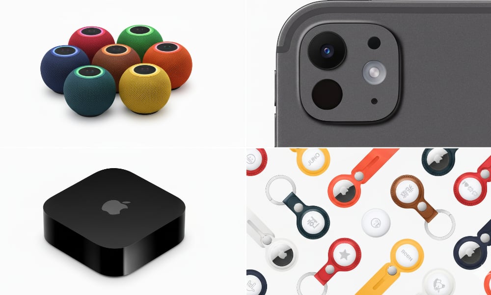 تجميعة فنية مجردة لـ HomePod mini و iPad Pro وكاميرا و Apple TV و AirTags