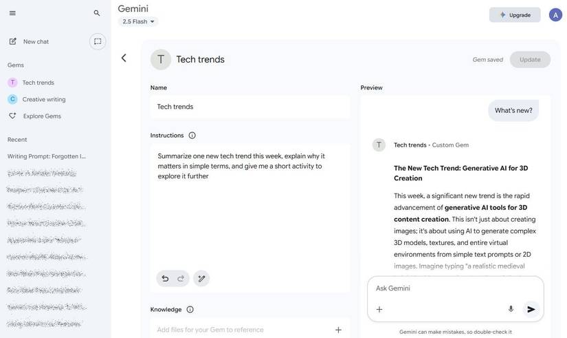 Screenshot showing a custom Gemini Gem for staying updated on tech trends