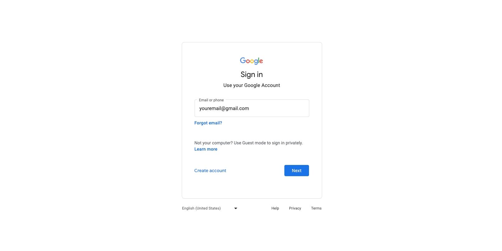 The Google account sign in page
