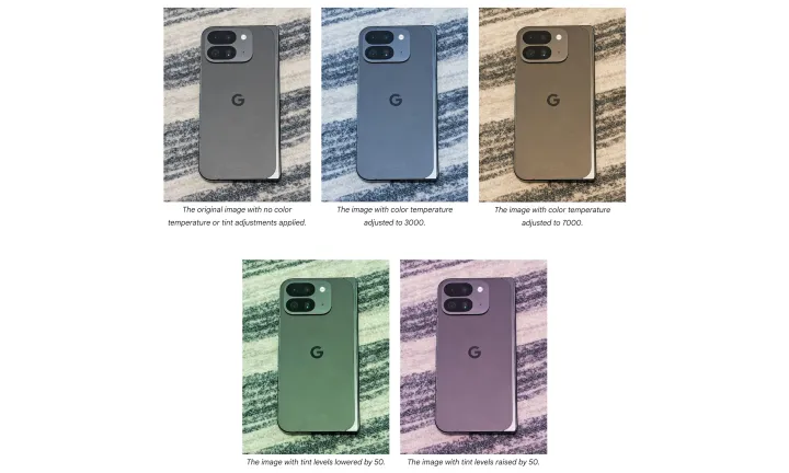 Hue and color temperature settings for camera video recording in Android 16.