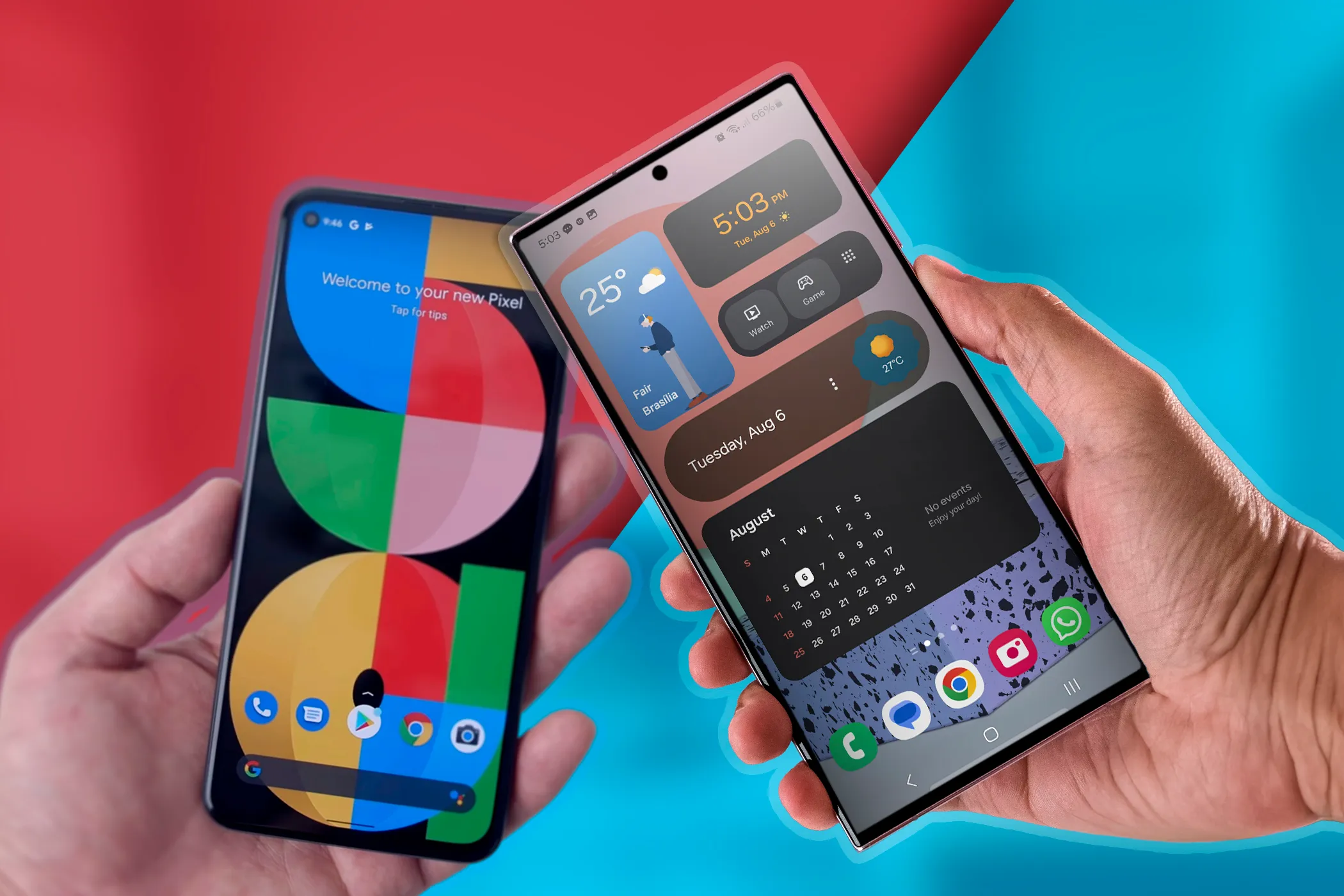 A Google Pixel on the left and a Samsung Galaxy on the right.