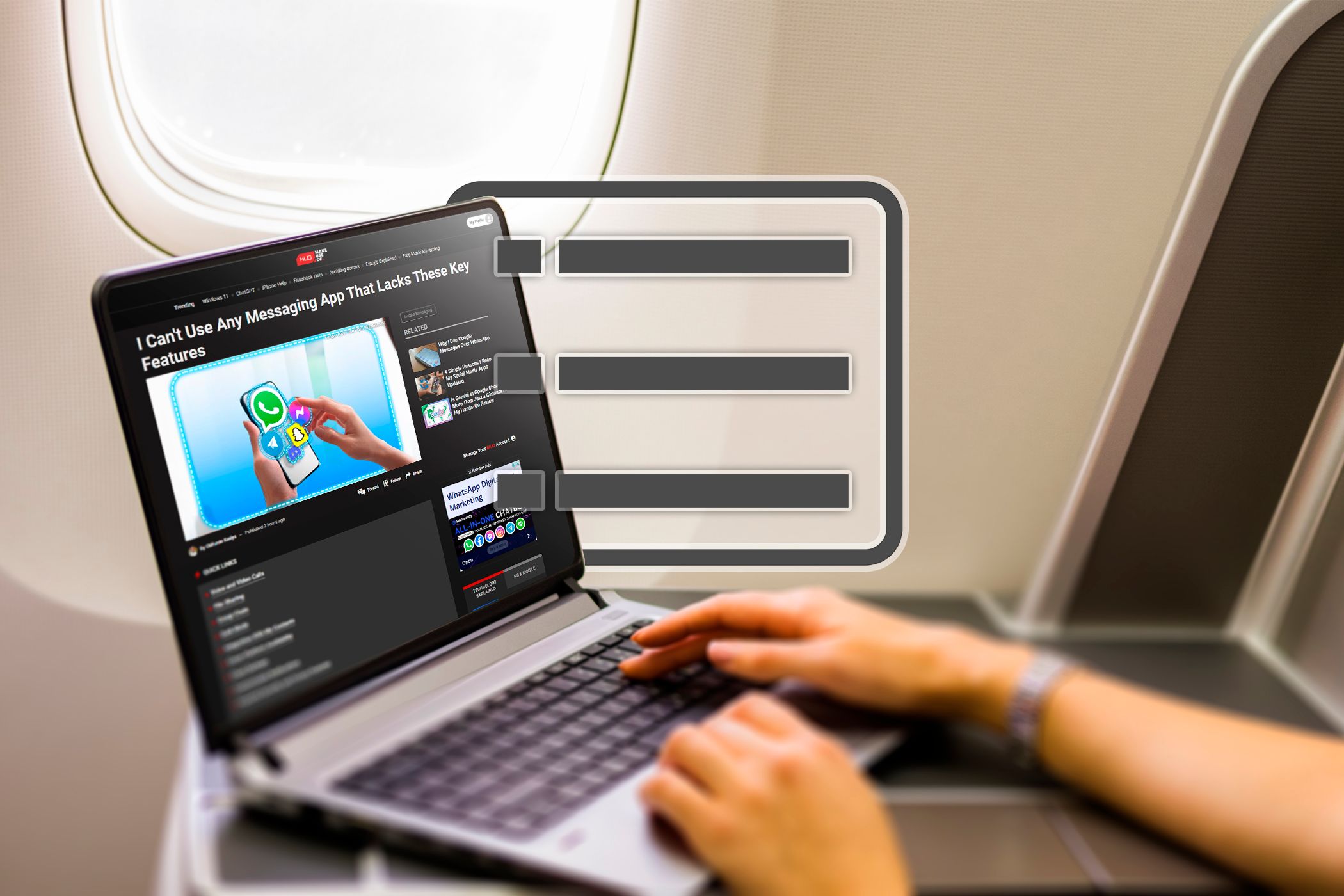 A person using a laptop on an airplane with the Reading List icon.