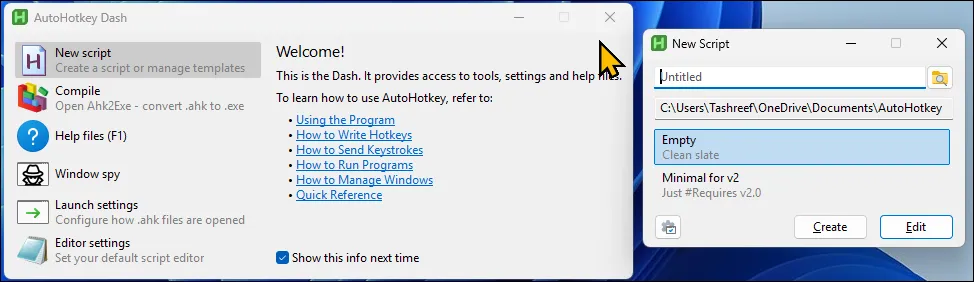 AutoHotkey main interface and the New Script dialog open on Windows 11