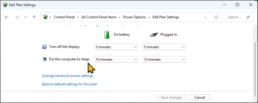 خيار تغيير إعدادات الطاقة المتقدمة في لوحة التحكم في Windows 11