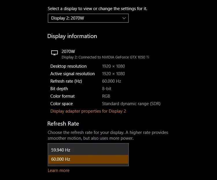 changing refresh rate on windows 10