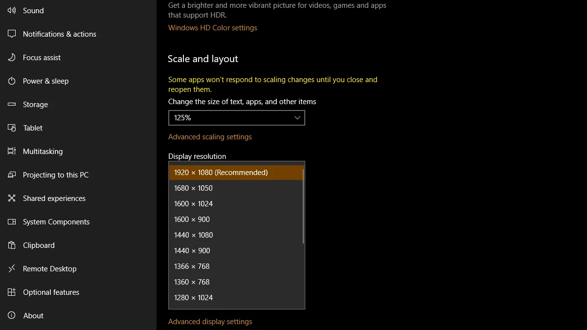 Changing the display resolution on Windows 10