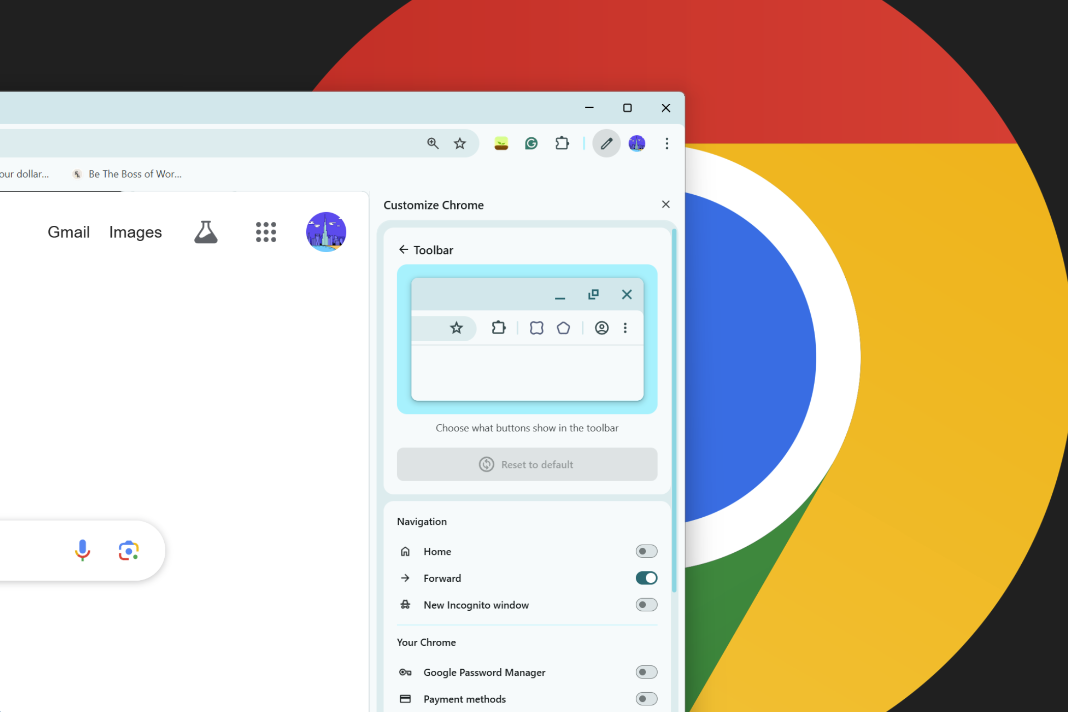 Customize Chrome sidebar with Google Chrome logo in the background