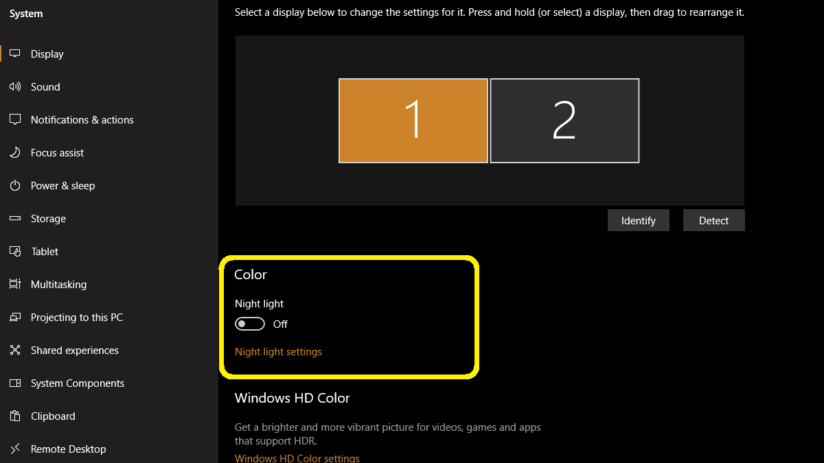 Disabling the Night light feature on Windows 10
