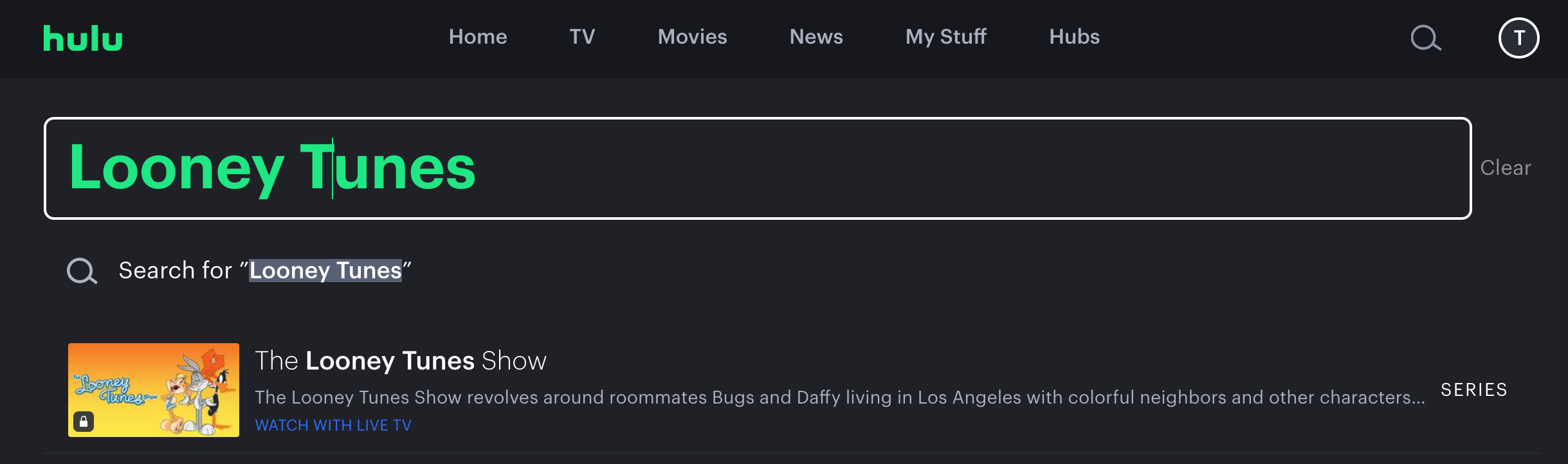 Hulu's search window featuring The Looney Tunes Show