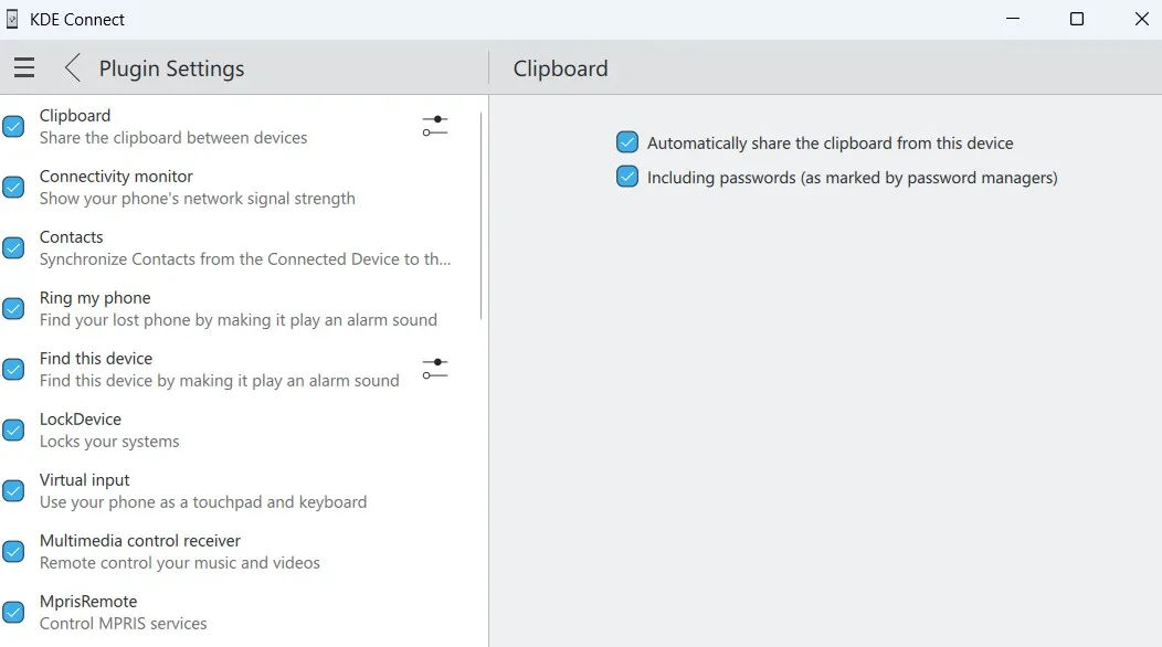 KDE Connect app on Windows showing clipboard settings