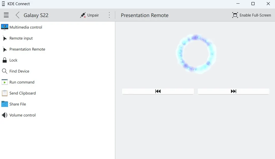 KDE Connect app on Windows showing presentation mode