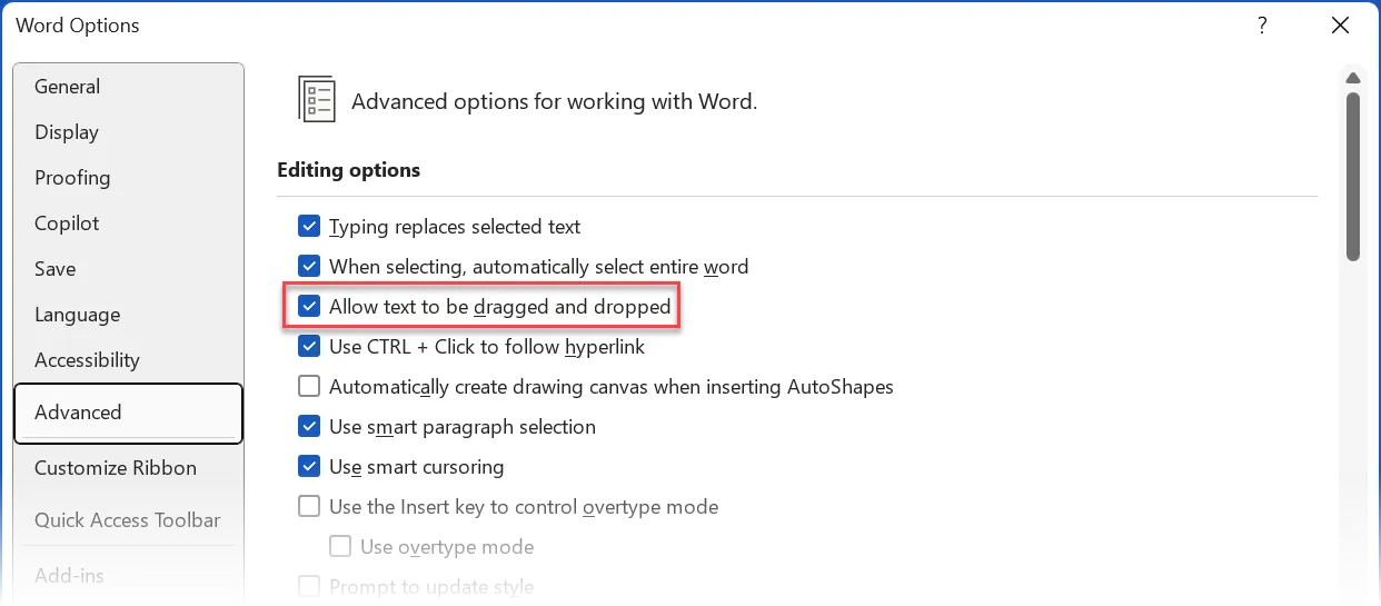 Microsoft Word Drag-Drop setting in Word Options