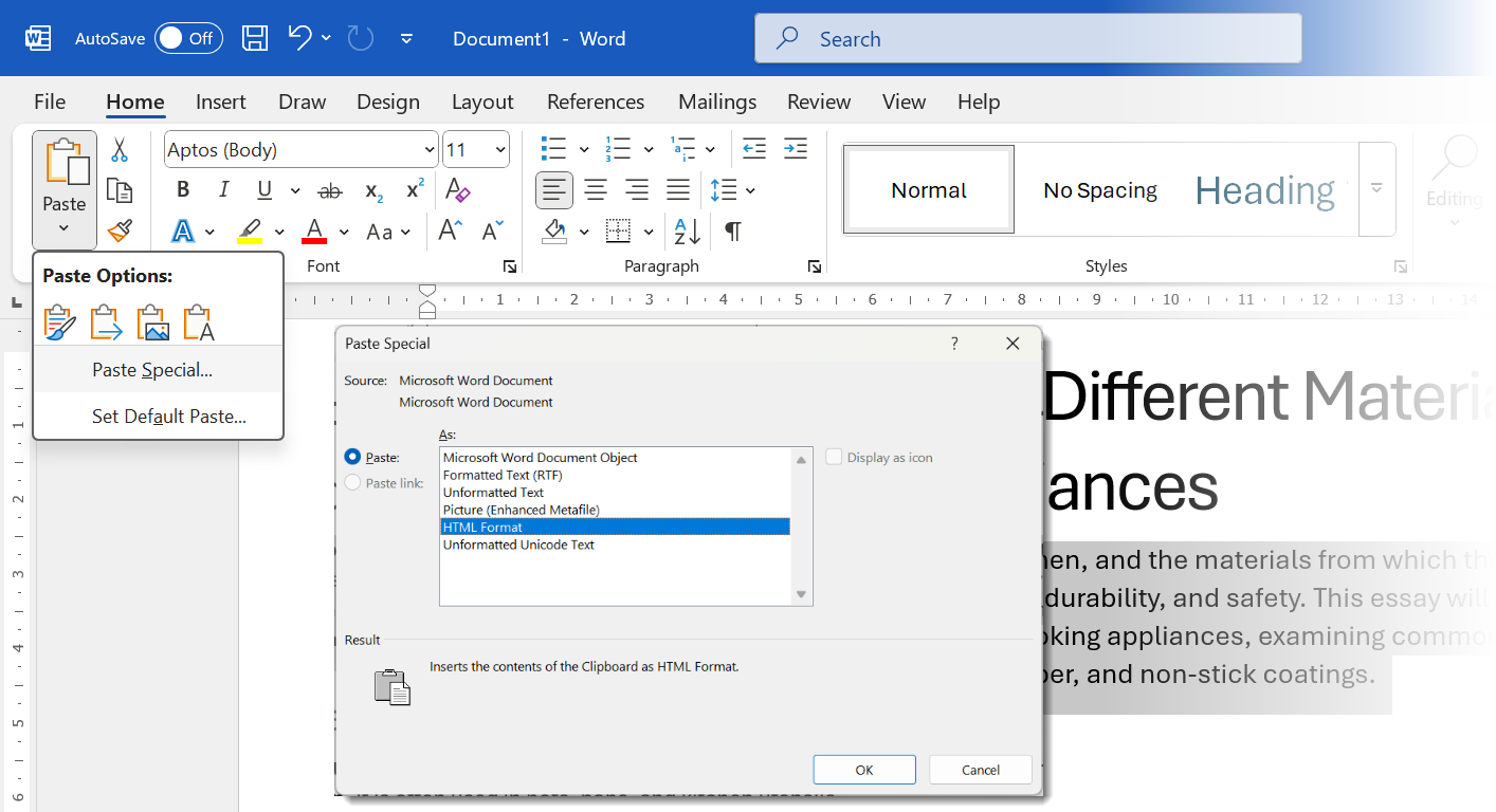 Paste options in Microsoft Word's Ribbon