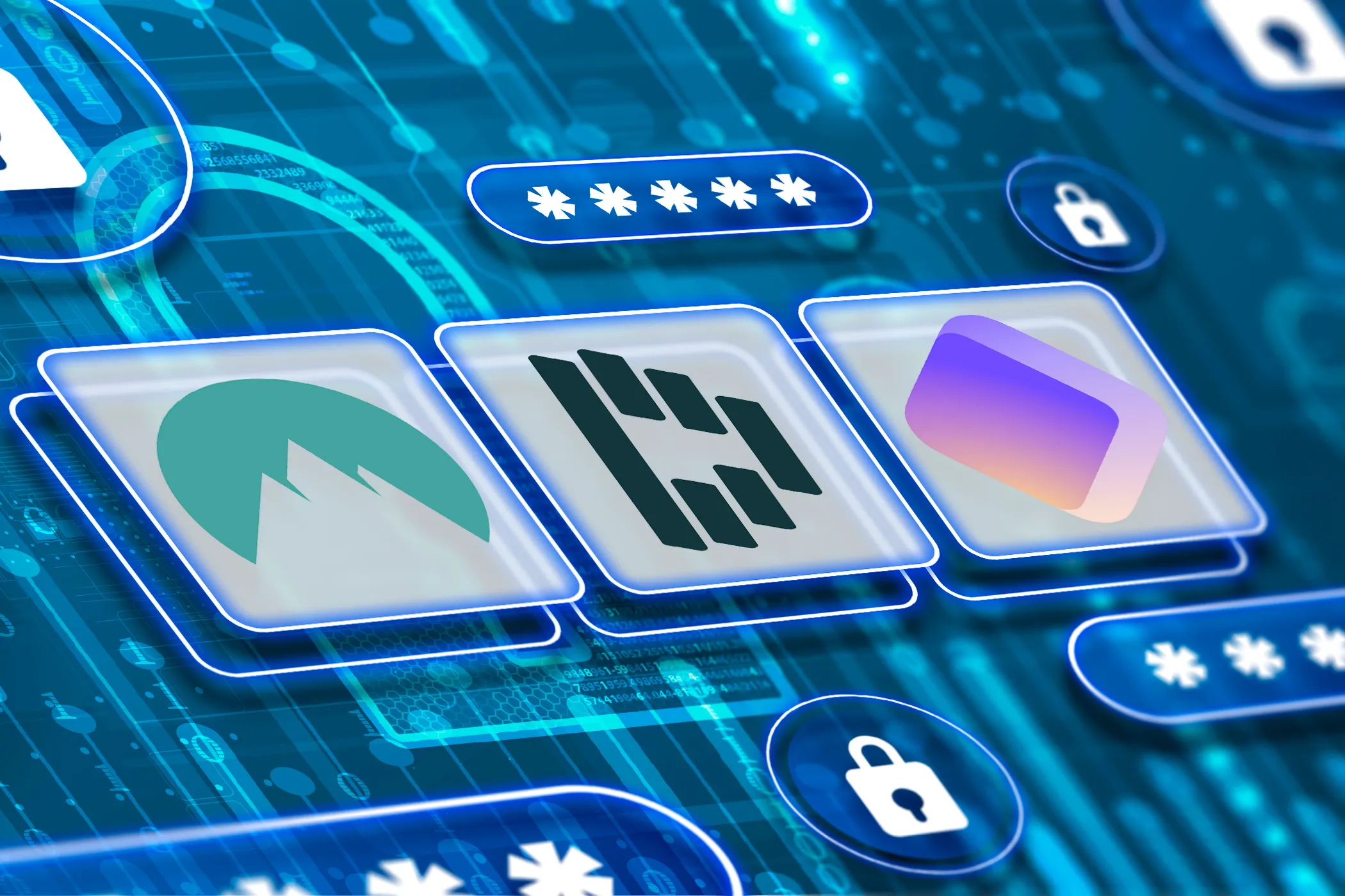 NordPass, Dashlane, and Proton Pass logos with passwords and padlocks around them.