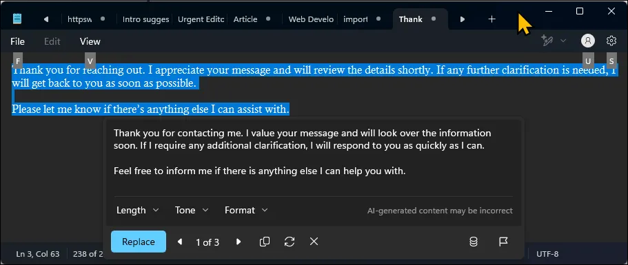 Notepad in Dark Mode open on Windows 11