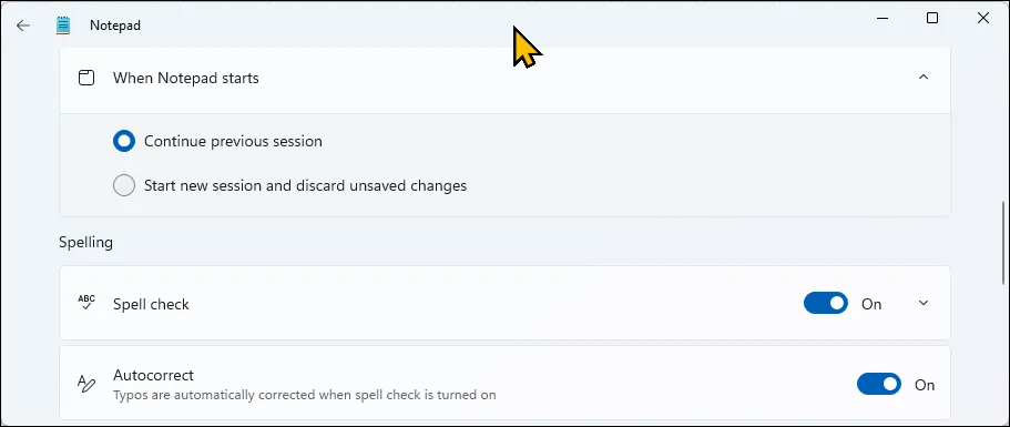 Notepad settings open to enable or disable autosave